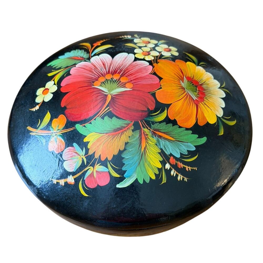 Vintage Ukrainian Petrykivka Hand Painted Wooden Jewelry Trinket Box Signed